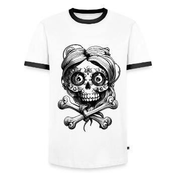 Super süßer Totenkopf, Tattoo Style: Metal T-Shirt - Männer Kontrast-T-Shirt - Weiß/Schwarz - Vorne - AI Model Female 172 light (172cm) & AI Model Male 178 dark (178cm)