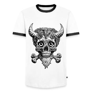 Skull riff: Rockabilly vibes in comic harmony. - Men's Ringer Shirt - white/black - Front - AI Model Female 172 light (172cm) & AI Model Male 178 dark (178cm)
