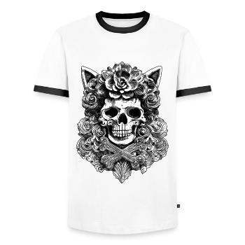 Rosenritual: Festival-T-Shirt für Hardrock Fans - Männer Kontrast-T-Shirt - Weiß/Schwarz - Vorne - AI Model Female 172 light (172cm) & AI Model Male 178 dark (178cm)