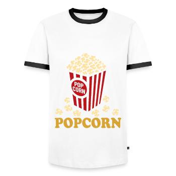 I'm just here for the Popcorn - knusprig & lecker - Männer Kontrast-T-Shirt - Weiß/Schwarz - Vorne - AI Model Female 172 light (172cm) & AI Model Male 178 dark (178cm)