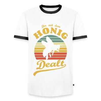 Der mit dem Honig dealt, Imker, Biene, Bienenzucht - Männer Kontrast-T-Shirt - Weiß/Schwarz - Vorne - AI Model Female 172 light (172cm) & AI Model Male 178 dark (178cm)