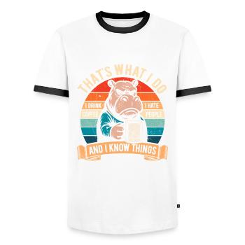 Je bois du café, je déteste les gens et je sais des choses - T-shirt contrasté Homme - blanc/noir - Devant - AI Model Female 172 light (172cm) & AI Model Male 178 dark (178cm)