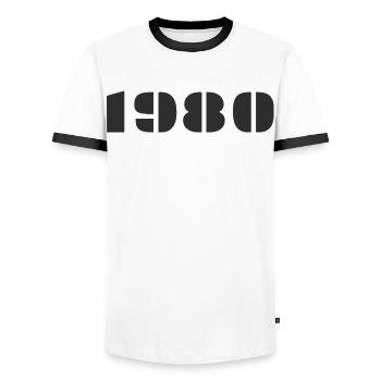 1980 - T-shirt contrasté Homme - blanc/noir - Devant - AI Model Female 172 light (172cm) & AI Model Male 178 dark (178cm)