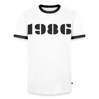 1986 - T-shirt contrasté Homme - blanc/noir - Devant - AI Model Female 172 light (172cm) & AI Model Male 178 dark (178cm)
