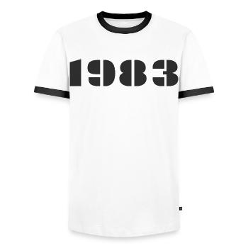 1983 - Männer Kontrast-T-Shirt - Weiß/Schwarz - Vorne - AI Model Female 172 light (172cm) & AI Model Male 178 dark (178cm)
