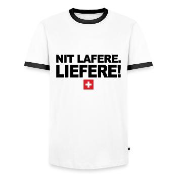 Nit lafere. Liefere! Lustige Schweizer Sprüche CH - Männer Kontrast-T-Shirt - Weiß/Schwarz - Vorne - AI Model Female 172 light (172cm) & AI Model Male 178 dark (178cm)