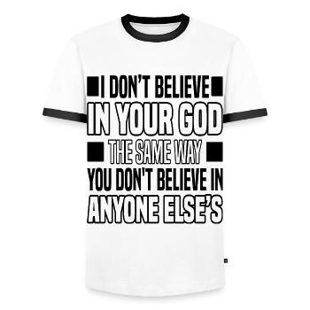 Atheism - Men's Ringer Shirt - white/black - Front - AI Model Female 172 light (172cm) & AI Model Male 178 dark (178cm)