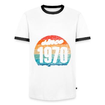 Best dad in the world since 1970 No Joke - Men's Ringer Shirt - white/black - Front - AI Model Female 172 light (172cm) & AI Model Male 178 dark (178cm)