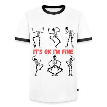 Funny skeletons: its ok im fine - Men's Ringer Shirt - white/black - Front - AI Model Female 172 light (172cm) & AI Model Male 178 dark (178cm)