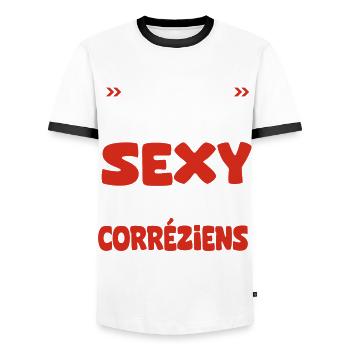 je deteste d être aussi sexy - je suis Corréziens - T-shirt contrasté Homme - blanc/noir - Devant - AI Model Female 172 light (172cm) & AI Model Male 178 dark (178cm)