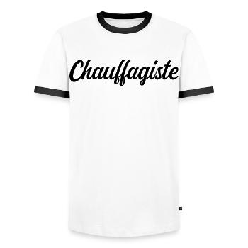 Chauffagiste Plombier Installation Chauffage Gaz - T-shirt contrasté Homme - blanc/noir - Devant - AI Model Female 172 light (172cm) & AI Model Male 178 dark (178cm)