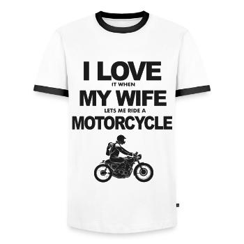 I Love my Wife ride Motorcycle - Men's Ringer Shirt - white/black - Front - AI Model Female 172 light (172cm) & AI Model Male 178 dark (178cm)