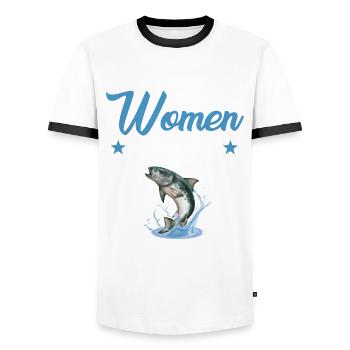 Drôle de truite Chemise de pêche Hommes - T-shirt contrasté Homme - blanc/noir - Devant - AI Model Female 172 light (172cm) & AI Model Male 178 dark (178cm)
