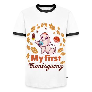 Mon premier Thanksgiving - T-shirt contrasté Homme - blanc/noir - Devant - AI Model Female 172 light (172cm) & AI Model Male 178 dark (178cm)