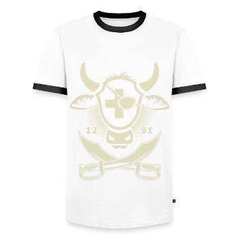 Kuhkopf als Piraten Design mit Schweizerkreuz - Männer Kontrast-T-Shirt - Weiß/Schwarz - Vorne - AI Model Female 172 light (172cm) & AI Model Male 178 dark (178cm)