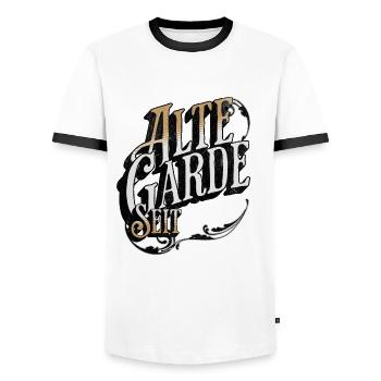 Vieille garde puisque xxxx insérez votre date de naissance - T-shirt contrasté Homme - blanc/noir - Devant - AI Model Female 172 light (172cm) & AI Model Male 178 dark (178cm)