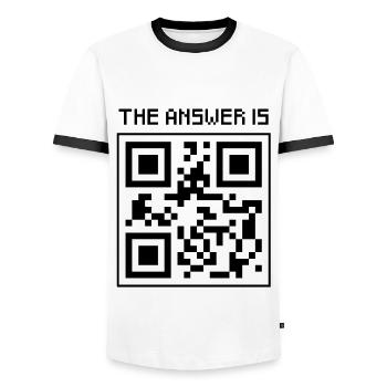 Answer 42 - Men's Ringer Shirt - white/black - Front - AI Model Female 172 light (172cm) & AI Model Male 178 dark (178cm)