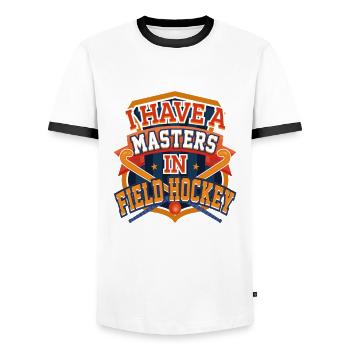 Feldhockeyspieler Meister im Feldhockey - Männer Kontrast-T-Shirt - Weiß/Schwarz - Vorne - AI Model Female 172 light (172cm) & AI Model Male 178 dark (178cm)