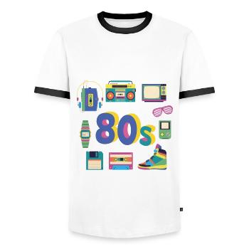 80er 90s 80s 90er Jahre - Männer Kontrast-T-Shirt - Weiß/Schwarz - Vorne - AI Model Female 172 light (172cm) & AI Model Male 178 dark (178cm)