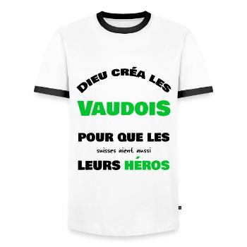 Dieu créa les Vaudois - T-shirt contrasté Homme - blanc/noir - Devant - AI Model Female 172 light (172cm) & AI Model Male 178 dark (178cm)