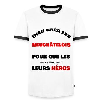 Dieu créa a Neuchâtelois - T-shirt contrasté Homme - blanc/noir - Devant - AI Model Female 172 light (172cm) & AI Model Male 178 dark (178cm)