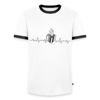 Book Lover Heartbeat Gift for a Reader Teacher - Men's Ringer Shirt - white/black - Front - AI Model Female 172 light (172cm) & AI Model Male 178 dark (178cm)