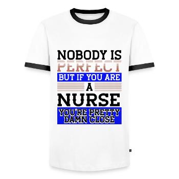 Nurse Humor Gift Nobody Perfect But if Nurse - Men's Ringer Shirt - white/black - Front - AI Model Female 172 light (172cm) & AI Model Male 178 dark (178cm)