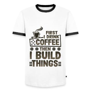 Builder Gifts First Drink Coffee then Build - Men's Ringer Shirt - white/black - Front - AI Model Female 172 light (172cm) & AI Model Male 178 dark (178cm)