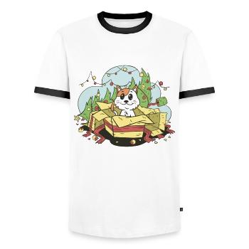Katze Weihnachten Tannenbaum Geschenke Cartoon - Männer Kontrast-T-Shirt - Weiß/Schwarz - Vorne - AI Model Female 172 light (172cm) & AI Model Male 178 dark (178cm)
