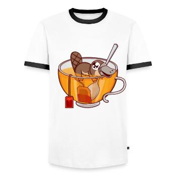 Platypus Swimming in Teacup Tea Drinker Gift - Men's Ringer Shirt - white/black - Front - AI Model Female 172 light (172cm) & AI Model Male 178 dark (178cm)