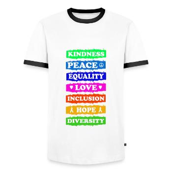 Freundlichkeit Frieden Gleichheit Liebe Inklusion Hoffnung - Männer Kontrast-T-Shirt - Weiß/Schwarz - Vorne - AI Model Female 172 light (172cm) & AI Model Male 178 dark (178cm)