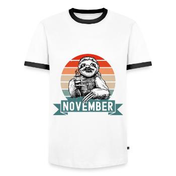 Faultier Geburtstag November 1930 Geboren Jahrgang - Männer Kontrast-T-Shirt - Weiß/Schwarz - Vorne - AI Model Female 172 light (172cm) & AI Model Male 178 dark (178cm)