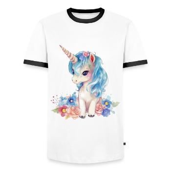 Licorne Fleurs Magie Fantaisie Aquarelle Art coloré - T-shirt contrasté Homme - blanc/noir - Devant - AI Model Female 172 light (172cm) & AI Model Male 178 dark (178cm)