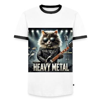 Heavy Metal Cat with Guitar - Men's Ringer Shirt - white/black - Front - AI Model Female 172 light (172cm) & AI Model Male 178 dark (178cm)