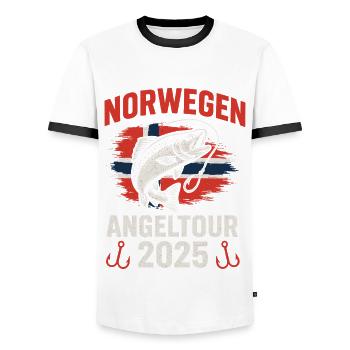 Norvège Pêche 2025 Poisson - T-shirt contrasté Homme - blanc/noir - Devant - AI Model Female 172 light (172cm) & AI Model Male 178 dark (178cm)