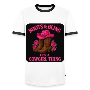 Cow girl: Boots & Bling – It's A Thing - Men's Ringer Shirt - white/black - Front - AI Model Female 172 light (172cm) & AI Model Male 178 dark (178cm)