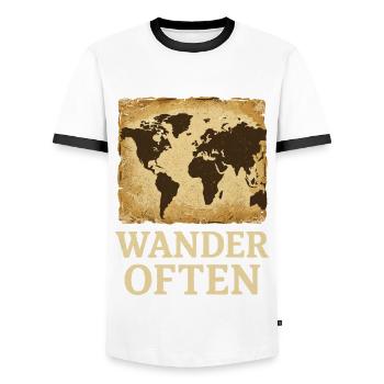 Wander Often: Adventurous World Map - Men's Ringer Shirt - white/black - Front - AI Model Female 172 light (172cm) & AI Model Male 178 dark (178cm)