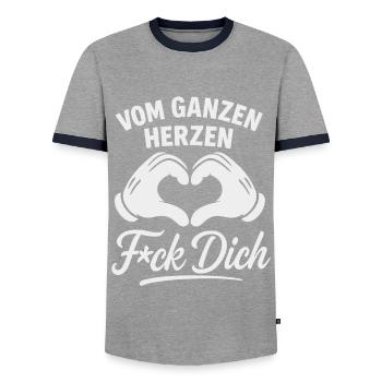 Vom Herzen F*ck Dich – Sarkasmus Shirt - Männer Kontrast-T-Shirt - Grau/Navy  - Vorne - AI Model Female 172 light (172cm) & AI Model Male 178 light (178cm)
