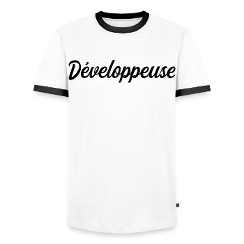 Développeuse Web Code Logiciel Application Tech - T-shirt contrasté Homme - blanc/noir - Devant - AI Model Female 172 light (172cm) & AI Model Male 178 dark (178cm)