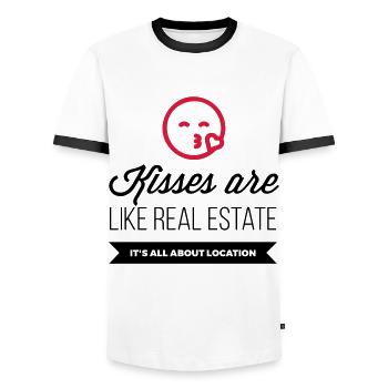 Kisses are like real estate. Location, location, - Men's Ringer Shirt - white/black - Front - AI Model Female 172 light (172cm) & AI Model Male 178 dark (178cm)