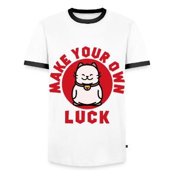 Lucky Cat Make Your Own Happiness China - Men's Ringer Shirt - white/black - Front - AI Model Female 172 light (172cm) & AI Model Male 178 dark (178cm)