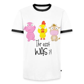 Ihr esst was?! - Männer Kontrast-T-Shirt - Weiß/Schwarz - Vorne - AI Model Female 172 light (172cm) & AI Model Male 178 dark (178cm)