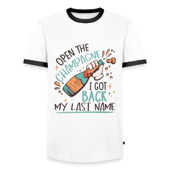 I Got Back My Last Name | Divorce Party - Men's Ringer Shirt - white/black - Front - AI Model Female 172 light (172cm) & AI Model Male 178 dark (178cm)