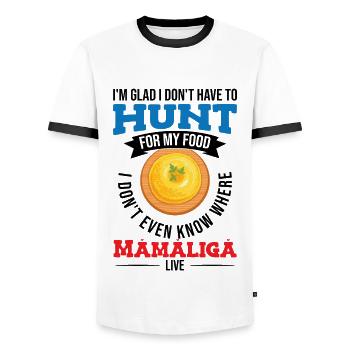 Je ne sais pas où habite Mamaliga - T-shirt contrasté Homme - blanc/noir - Devant - AI Model Female 172 light (172cm) & AI Model Male 178 dark (178cm)