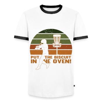 Retro Disc Golf - Männer Kontrast-T-Shirt - Weiß/Schwarz - Vorne - AI Model Female 172 light (172cm) & AI Model Male 178 dark (178cm)