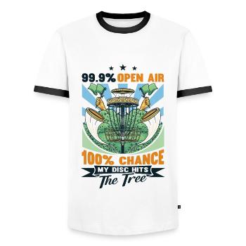 My Disc Hits The Tree Disc Golf Player - Men's Ringer Shirt - white/black - Front - AI Model Female 172 light (172cm) & AI Model Male 178 dark (178cm)