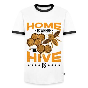 Home Is Where The Hive Is - Men's Ringer Shirt - white/black - Front - AI Model Female 172 light (172cm) & AI Model Male 178 dark (178cm)