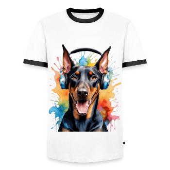 Dobermann Kopfhörer Hund Lustig Tier Design Print - Männer Kontrast-T-Shirt - Weiß/Schwarz - Vorne - AI Model Female 172 light (172cm) & AI Model Male 178 dark (178cm)