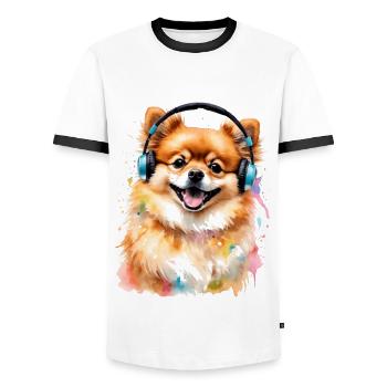 Pomeranian Pomeranian Headphones Dog Print - Men's Ringer Shirt - white/black - Front - AI Model Female 172 light (172cm) & AI Model Male 178 dark (178cm)