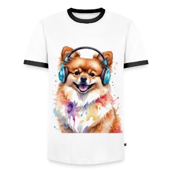 Pomeranian Pomeranian Headphones Dog Print - Men's Ringer Shirt - white/black - Front - AI Model Female 172 light (172cm) & AI Model Male 178 dark (178cm)